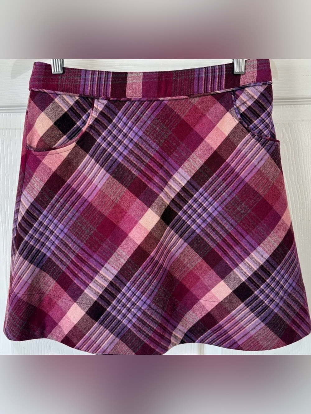 H&M Purple Plaid Wool A-Line School Girl Mini Skirt Size 8 - Picture 1 of 6